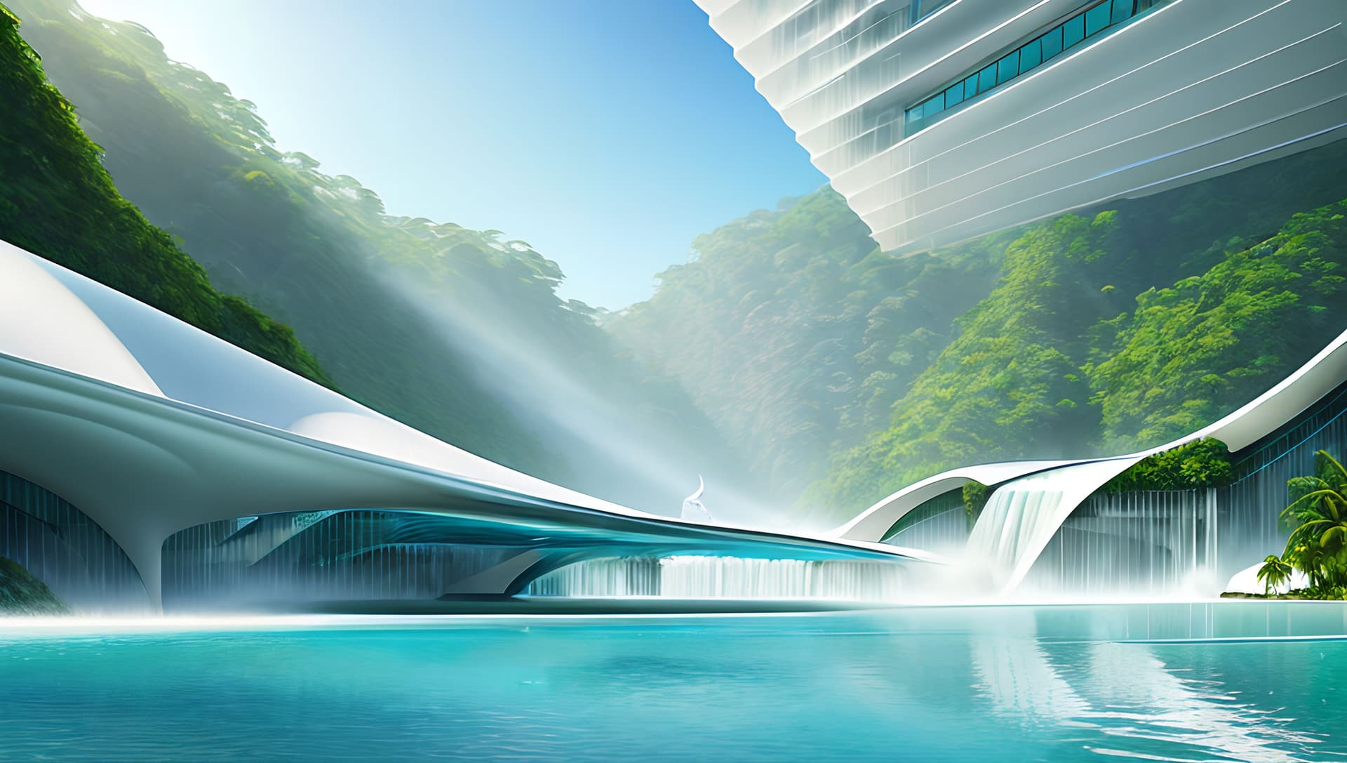 AI generated: Zaha Hadid architecture waterfall side hotel, incredible architecture, crystal clear water, ((godray...