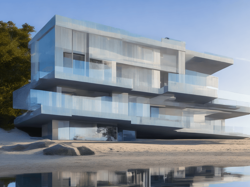 AI generated: a modern house that is light lit at summer day at the beach, in the style of light reflections, rich...