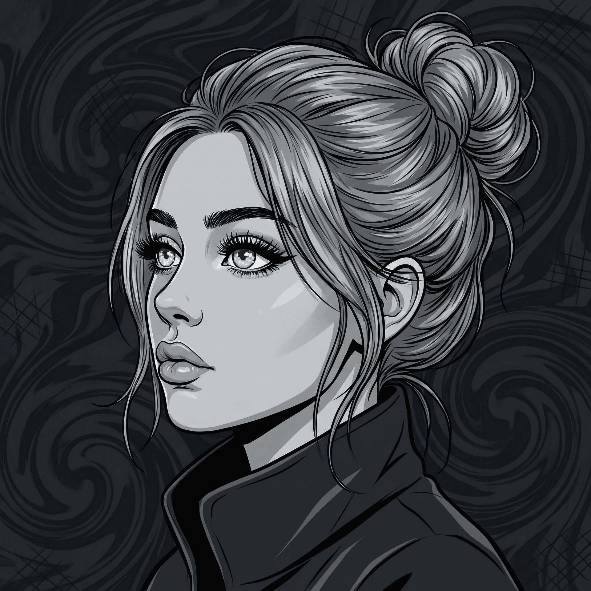 AI generated: Black and white digital illustration of a very feminine female from the chest and up, a close up, si...