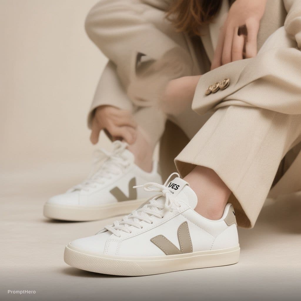 AI generated: A luxury fashion-style UGC ad featuring a young model wearing premium white Veja sneakers, minimalis...