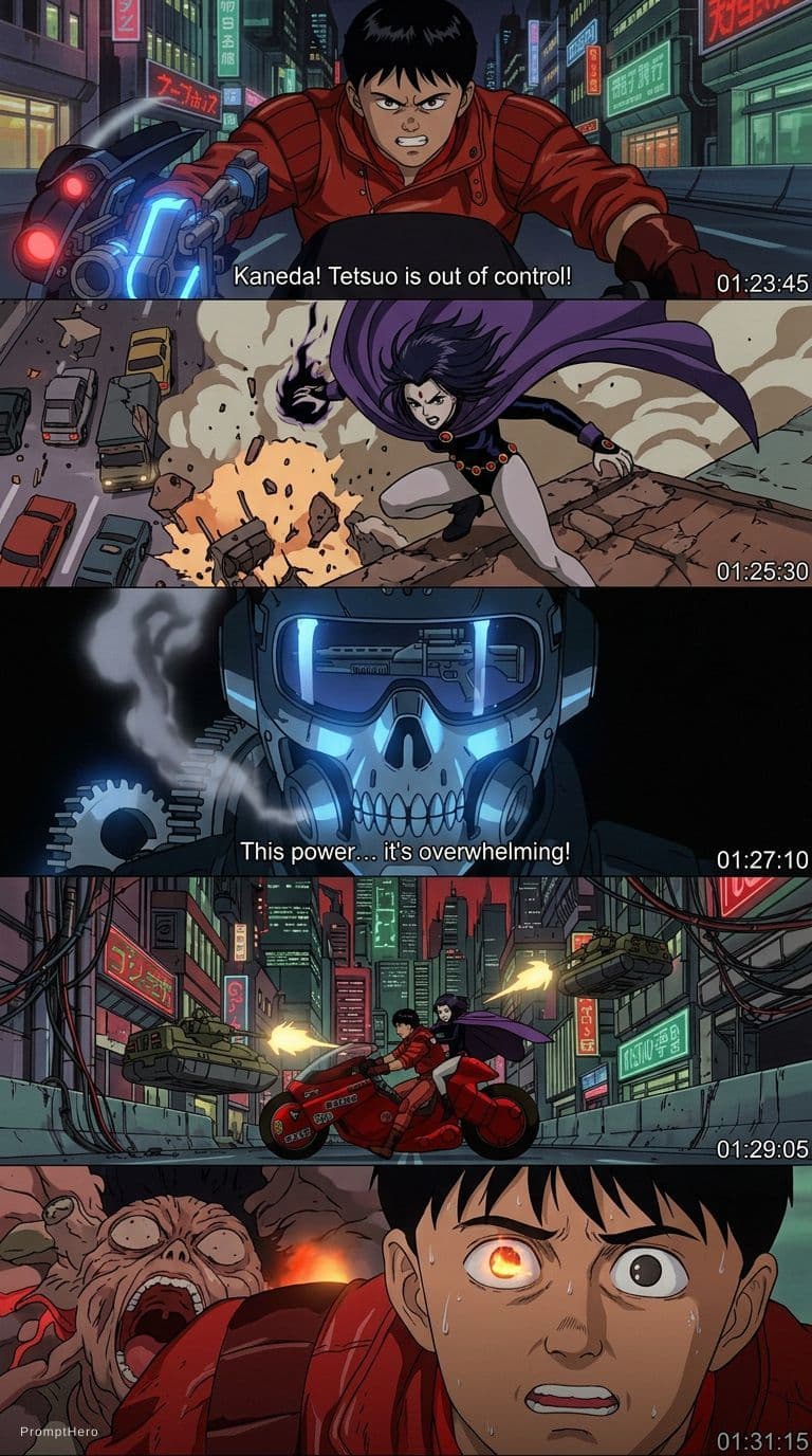 AI generated: Create aesthetic anime screengrab frames in the style of Akira, directed by Katsuhiro Otomo, capturi...