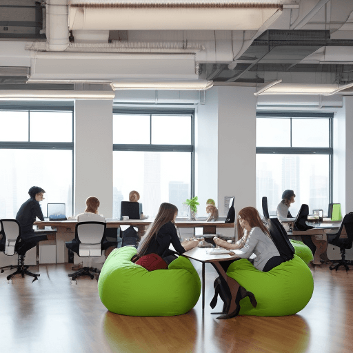 AI generated: Create an energetic and vibrant image of young office workers in a modern office setting. The office...