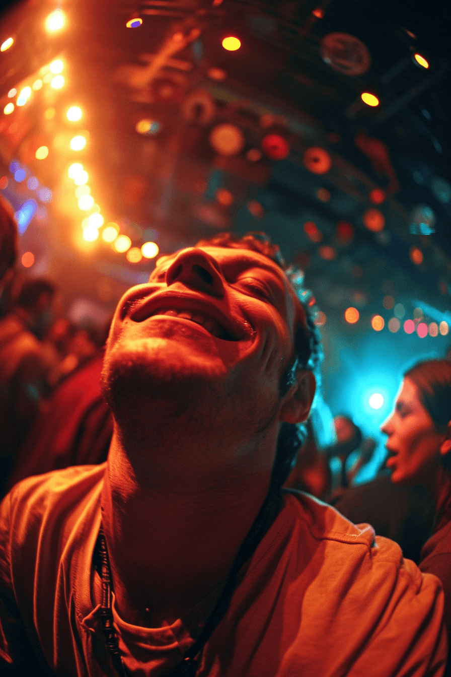 AI generated: fisheye shot of a 30 yearls old man on a techno rave inside a club surrounded by a lot of people, he...