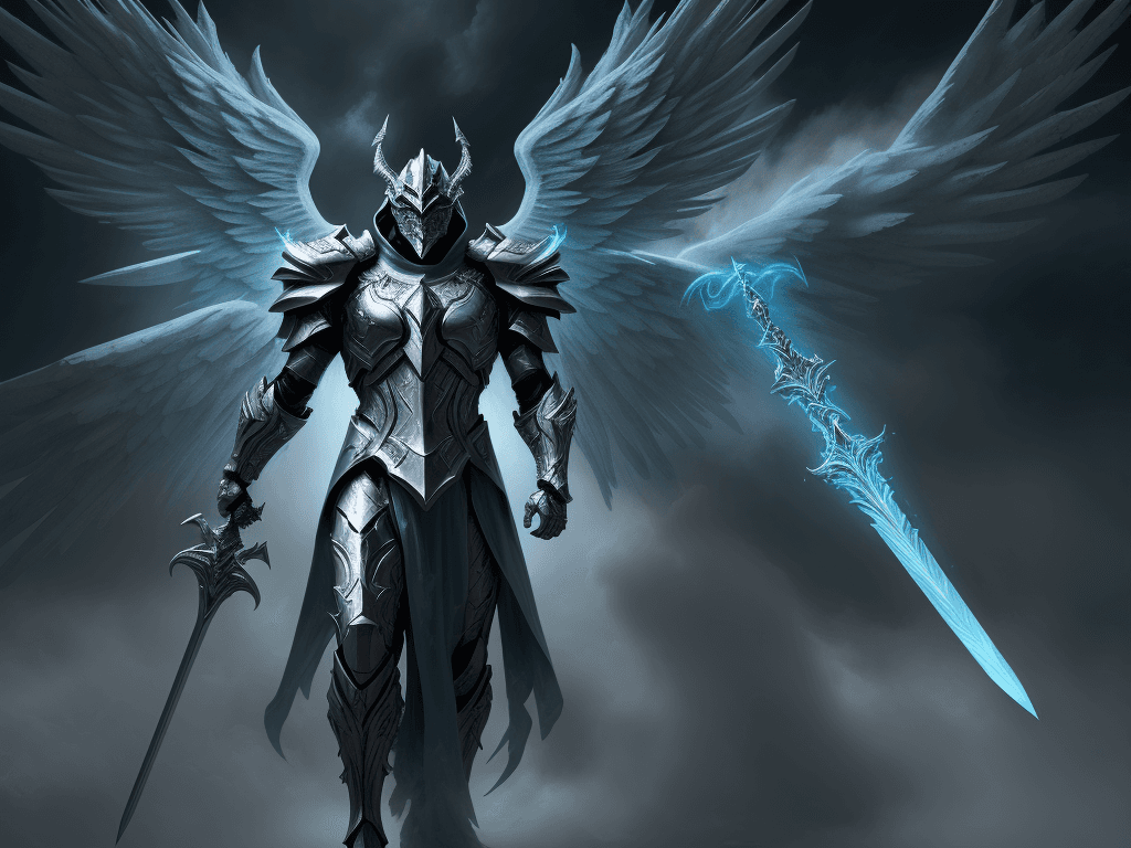 AI generated: The archangel Tyrael standing in the clouds ready to battle demons. Glowing wings. Raised sword. ful...