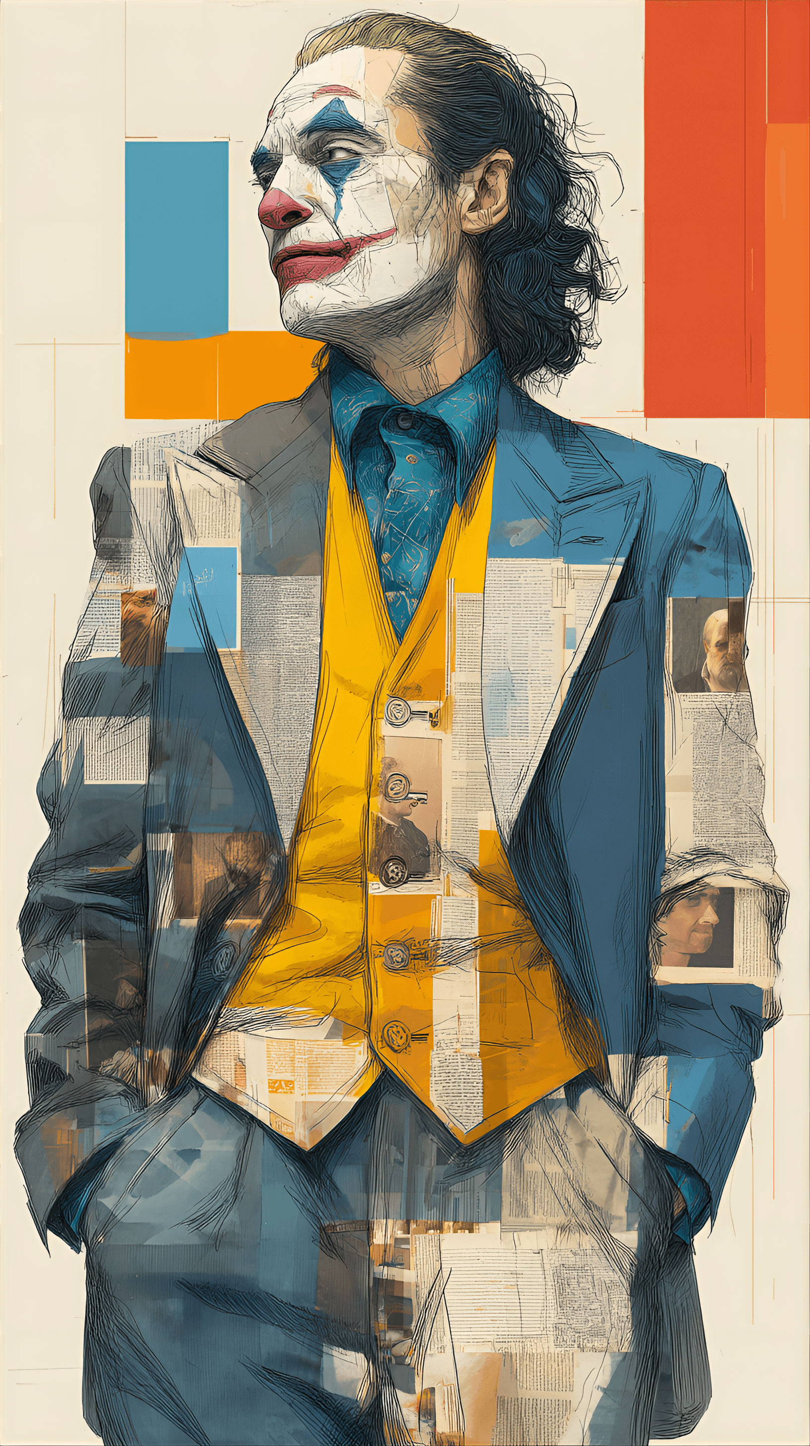 AI generated: portrait of the Joker character, likely from a movie poster or art print.  A Caucasian man, appearin...
