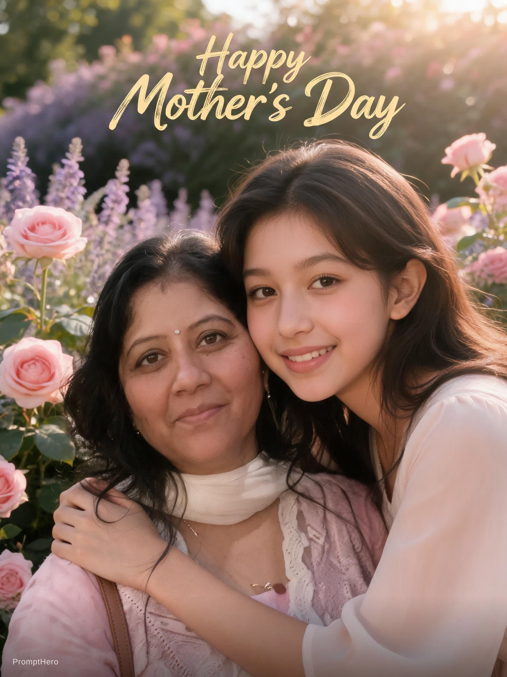 AI generated: [Mother's Day] wishes poster, featuring [a smiling mother and daughter in a blooming flower garden],...