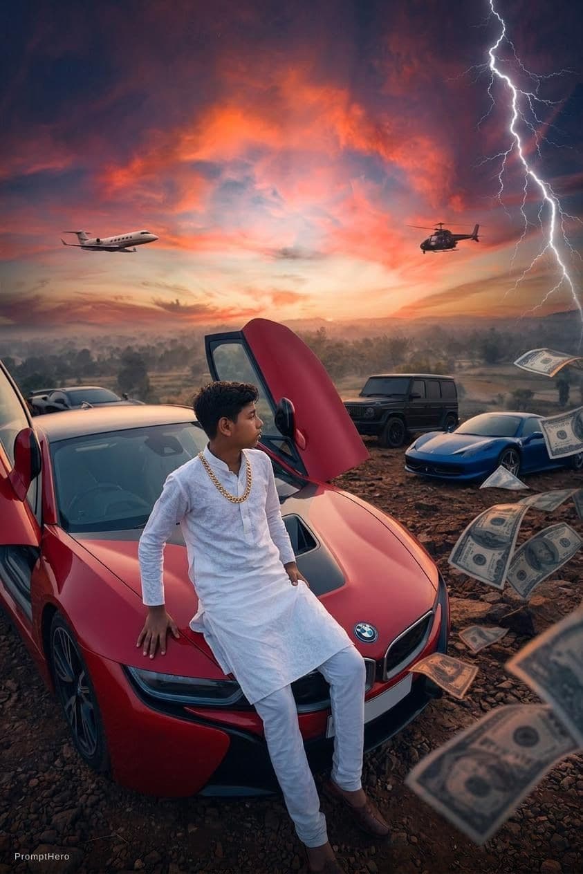 AI generated: I wante the boy site on the BMW I8 car bonnet.the car is red color.the nice sun set wante background...