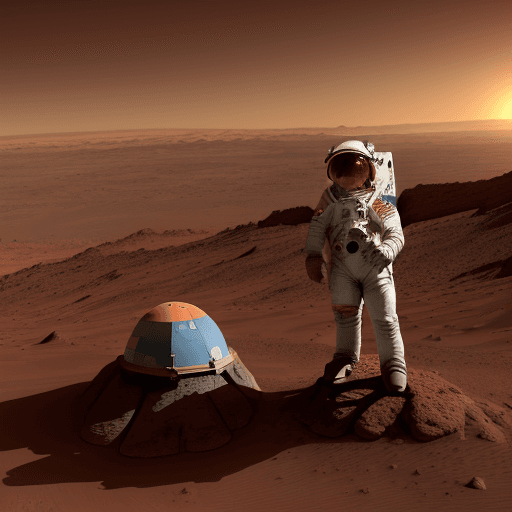 AI generated: A astronaut on Mars carrying an American flag, digital art, As the sun dips below the horizon of the...