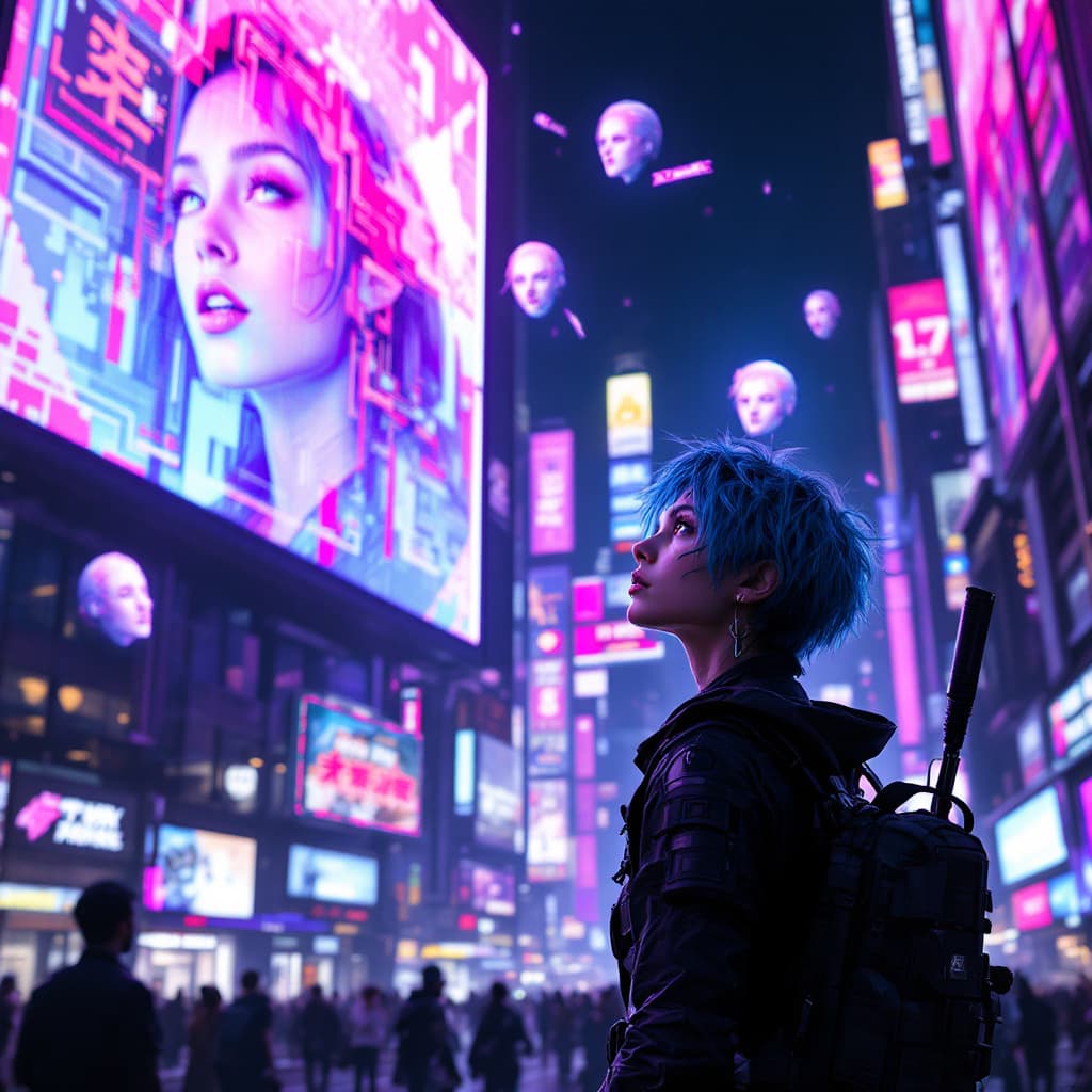 AI generated: "A cyberpunk city at night, neon lights illuminating the streets, with a futuristic young woman stan...