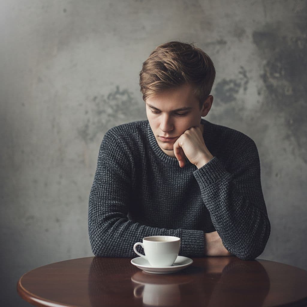AI generated: A young man, late teens to early twenties, with short, tousled light brown hair, sits at a round, da...