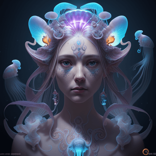 AI generated: Goddess close-up portrait ribcagel. jellyfish phoenix head, nautilus, orchid, skull, betta fish, bio...