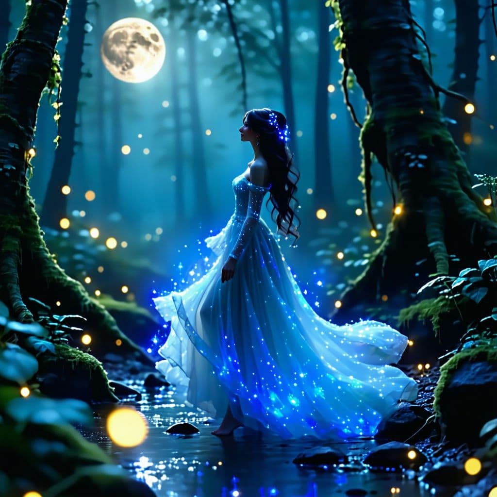 AI generated: (((create ultra beautiful diminutive moonbeam woman sprite))), floating through a misty forest illum...
