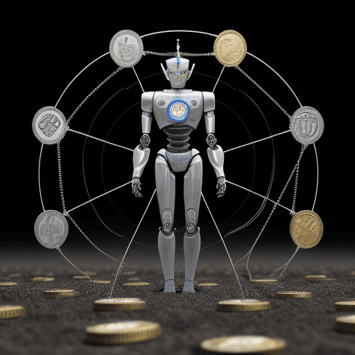 AI generated: A robot with a coin at his center in front of a background of interconnecting block chains extending...