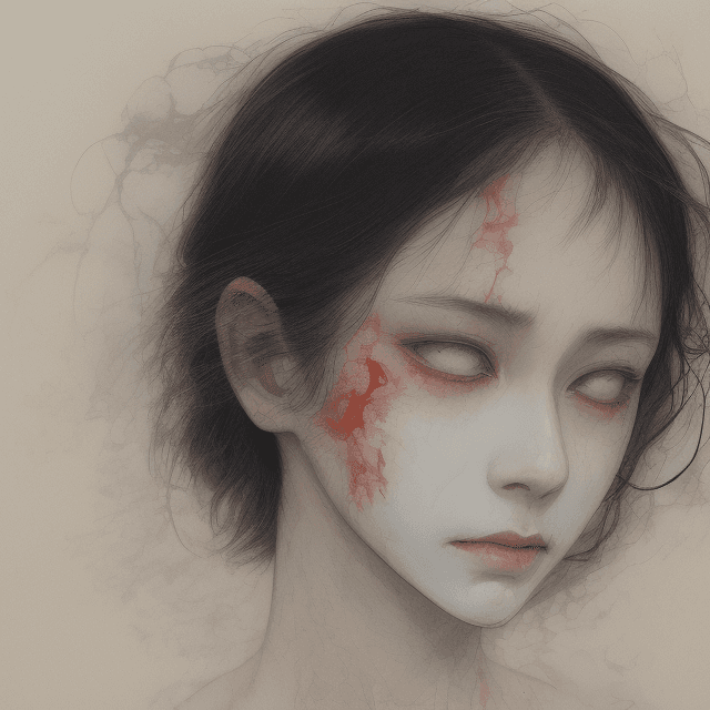 AI generated: a single Woman crying blood, artwork by Takato Yamamoto and Chika Yamada, minimalistic, face barely ...