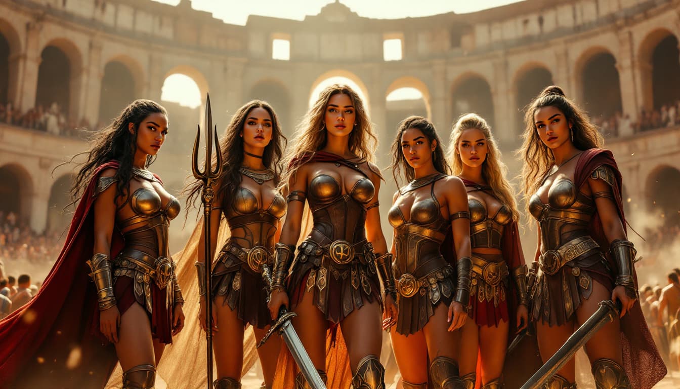 AI generated: "A group of seven fierce, multiracial superheroines standing together in the heart of ancient Rome, ...