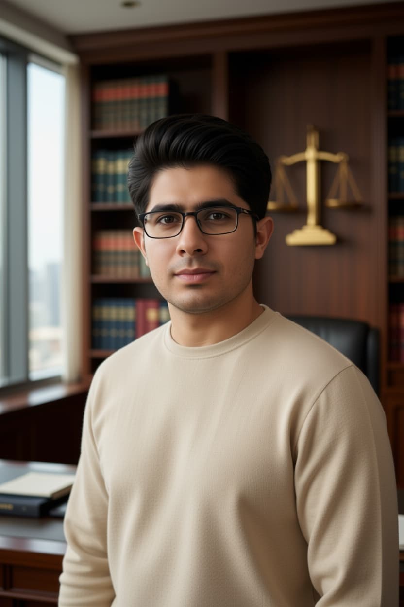 AI generated: A realistic portrait of a young Iranian legal scholar wearing rectangular glasses and a beige shirt,...