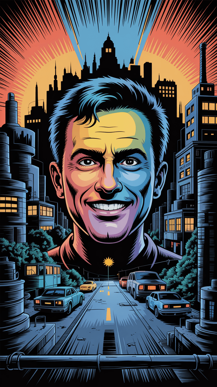 AI generated: cartoon with a colorful face surrounded by a city, in the style of tim doyle, industrial forms, pack...