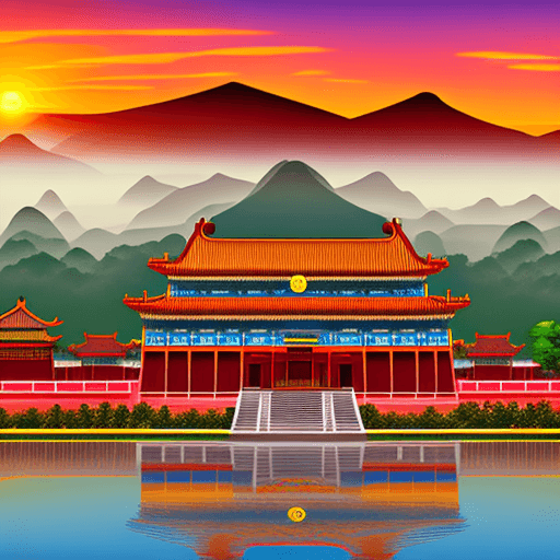 AI generated: Chinese Forbidden City at sunrise, vector graphics image