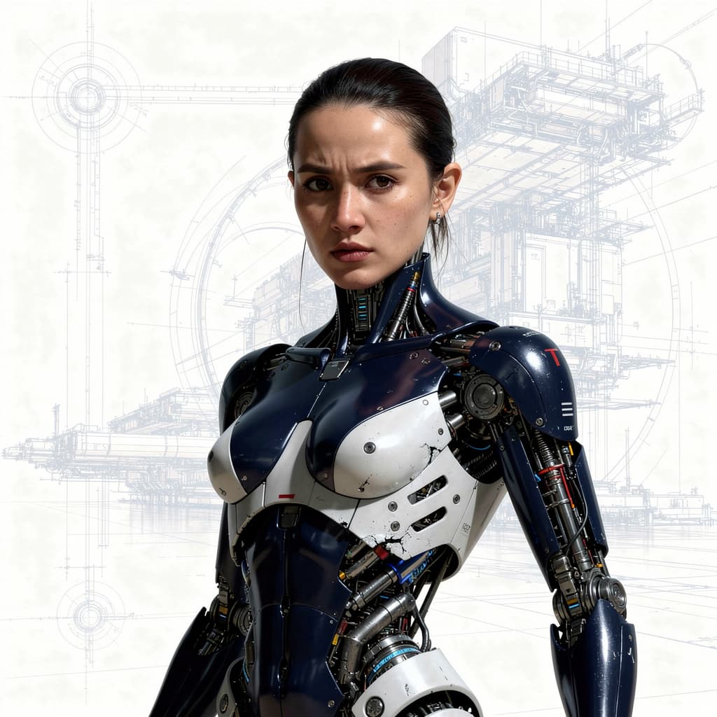 AI generated: Ultra-detailed cinematic portrait of a Hong Kong female cyborg , navy and white metallic limbs parti...