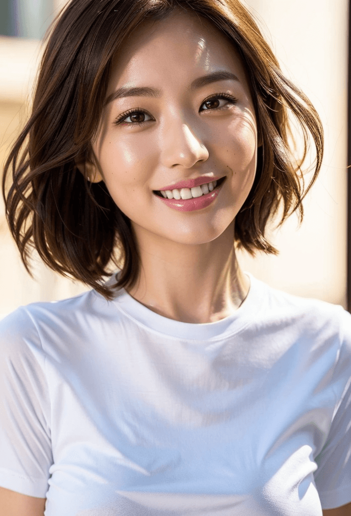 AI generated: ClosClose-up photo of a beautiful model girl, brown eyes, wearing a white t-shirt, photorealistic, h...