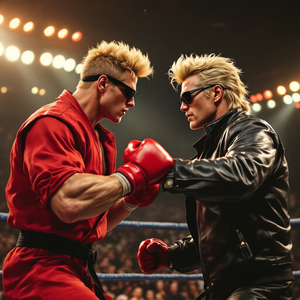 AI generated: johnny bravo with his 50's style blonde greaser hairdo and black  leather jacket  and black rayban l...