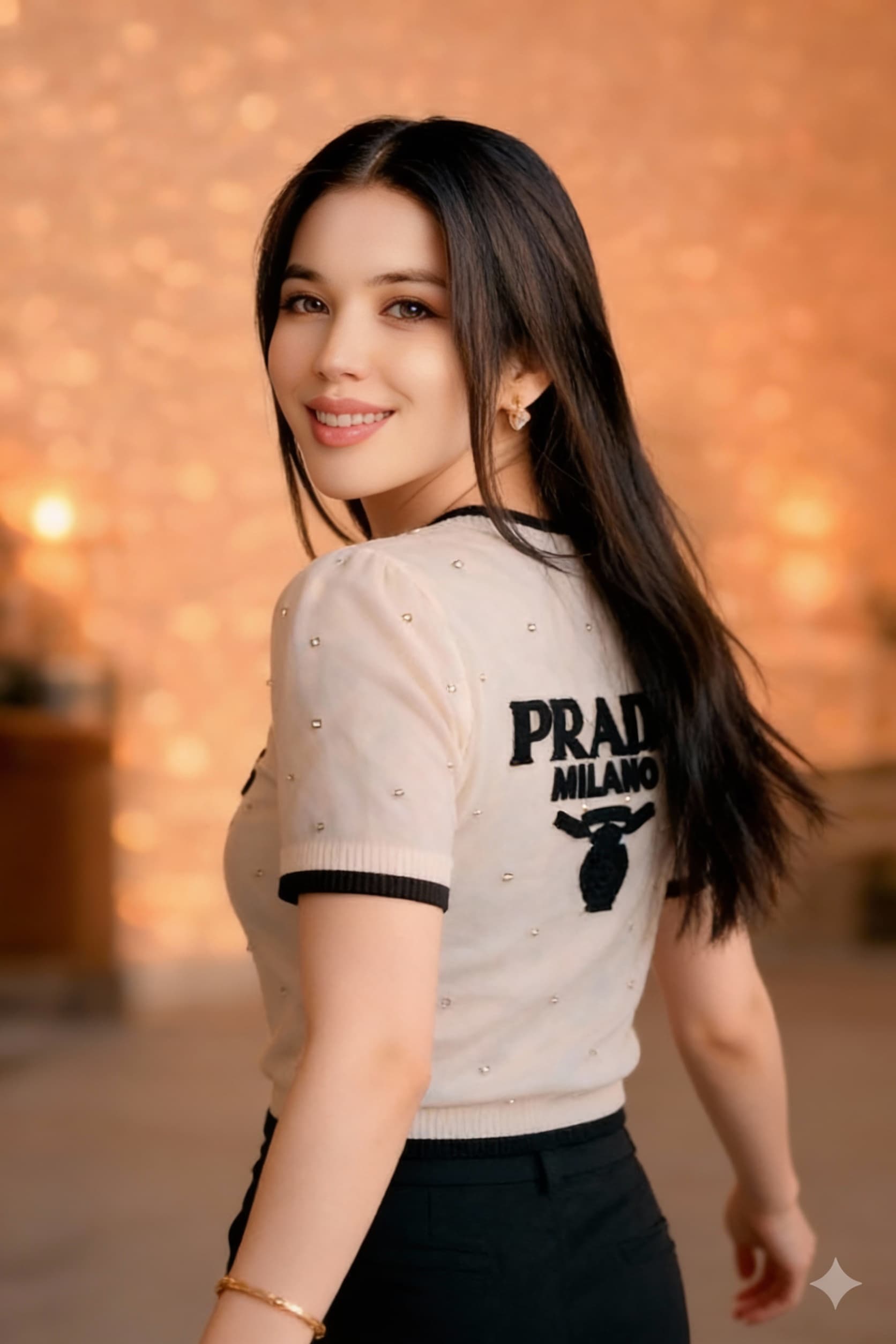 AI generated: 
Have her walking away looking back smiling