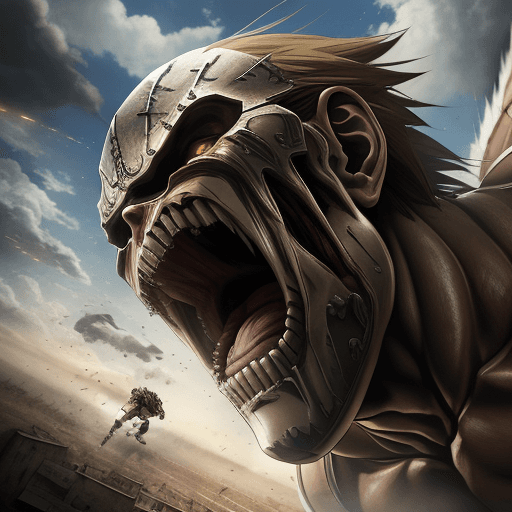 AI generated: masterpiece, cinematic scene, award winning, cinematic angle, Attack on titan, Levi versus armored T...