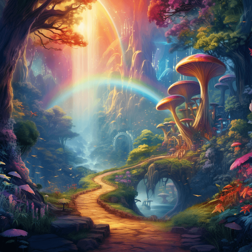 AI generated: the fairy mystical enchanted forest with rainbow in the background, in the style of artgerm, 32k uhd...