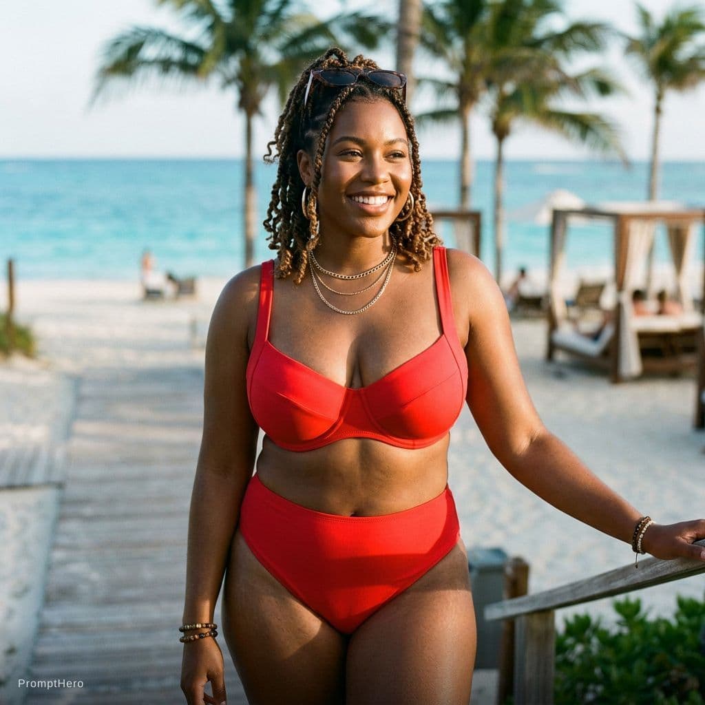 AI generated: generate an image with an african american woman in a tight red 2 piece bikini and increase bust siz...