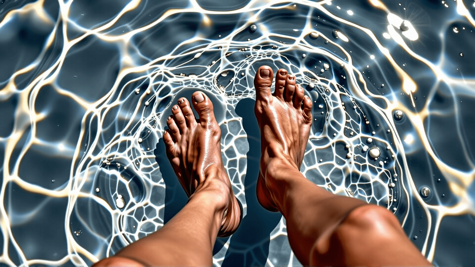 AI generated: Ein realistisches Foto, das die FÃ¼Ãe einer Person zeigt, die am Rande eines klaren, blauen Swimmin...