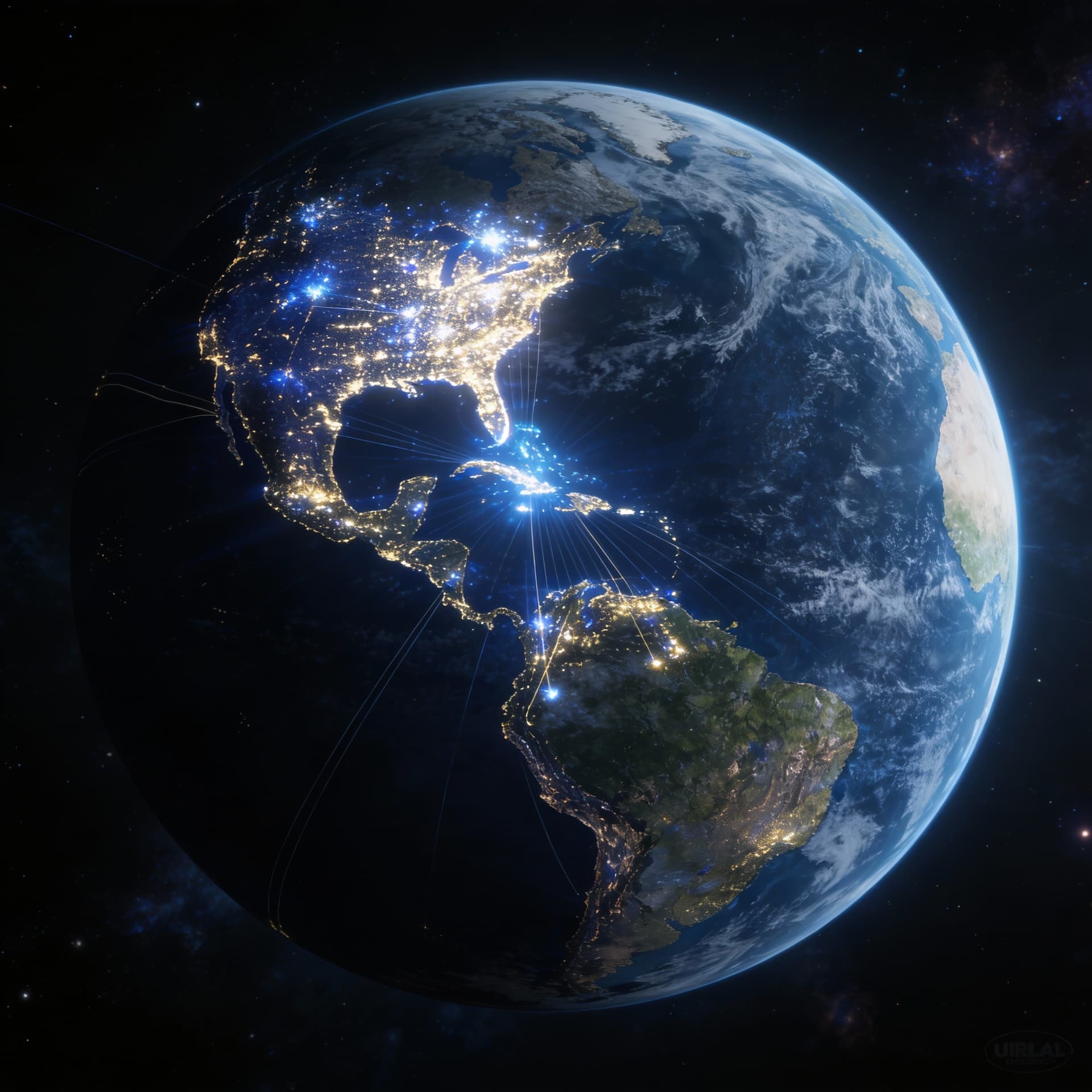 AI generated: Look at the reference images and create an orbital view of Earth from space, Western Hemisphere cent...