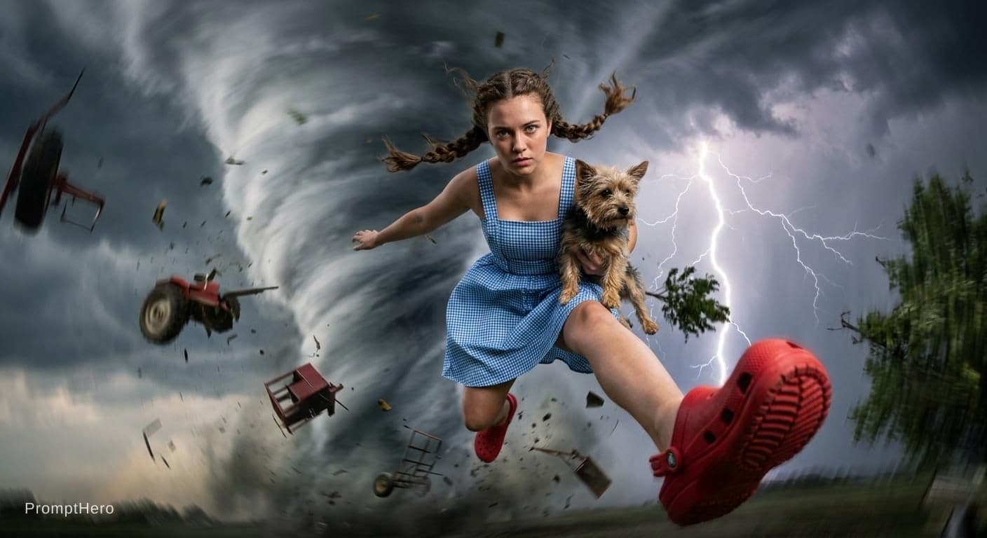 AI generated: {
  "scene": {
    "setting": "inside a swirling tornado",
    "mood": "dramatic and surreal",
    "...