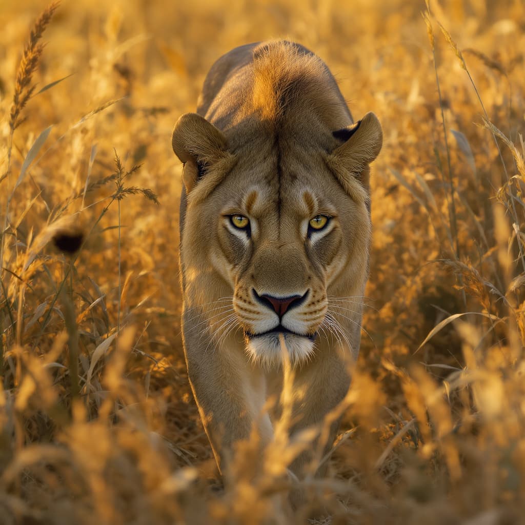 AI generated: 3.	A majestic lioness stalking through tall savanna grass at dawn, low-angle perspective, golden lig...