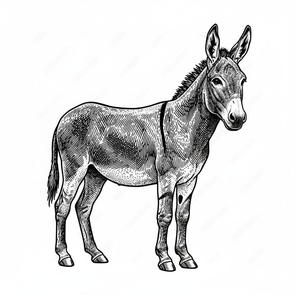 AI generated: Now in the same style I need a Donkey full body exact side view while the head is facing exactly tow...