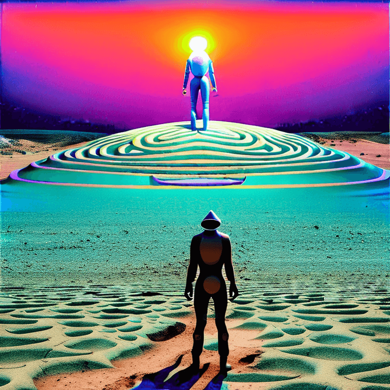 AI generated: album cover illustration of a strange mysterious desolate desert with blue sand , painting like ,blu...