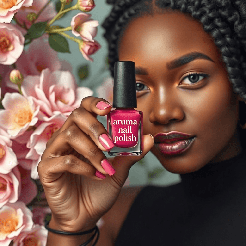 AI generated: Can you combine the two photos and make sure that you see the name aroma nail polish on the bottle?T...