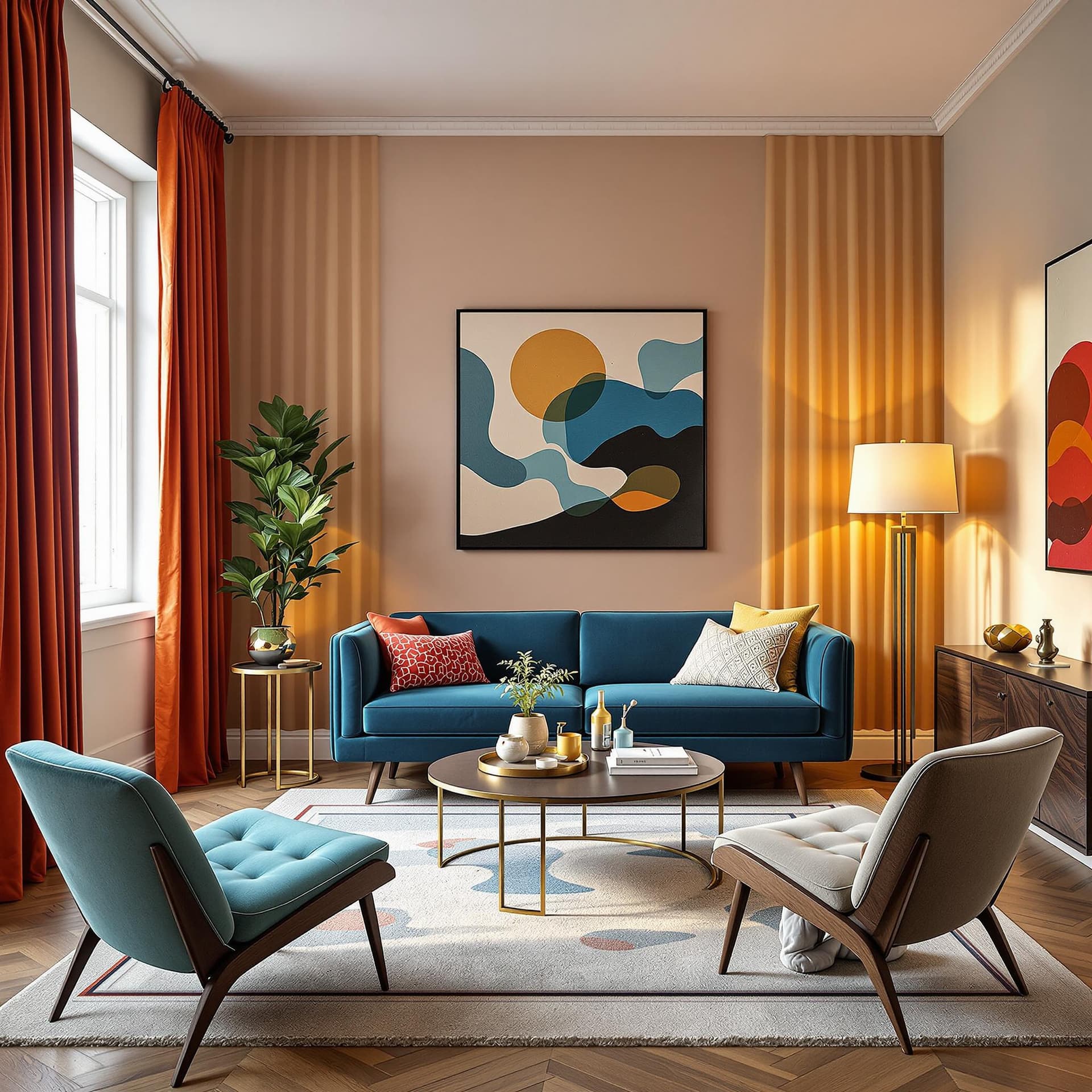 AI generated: stylish, colorful and sophisticated living room, mid-century furniture, "blue velvet couch", curtain...