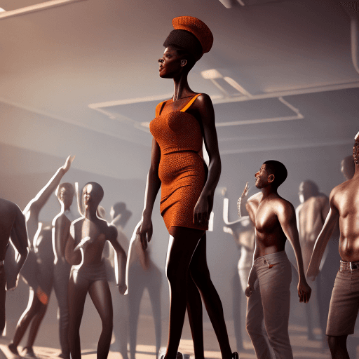 AI generated: Extremely tall African woman standing tall over a bar full of English people, hyper realism, high de...