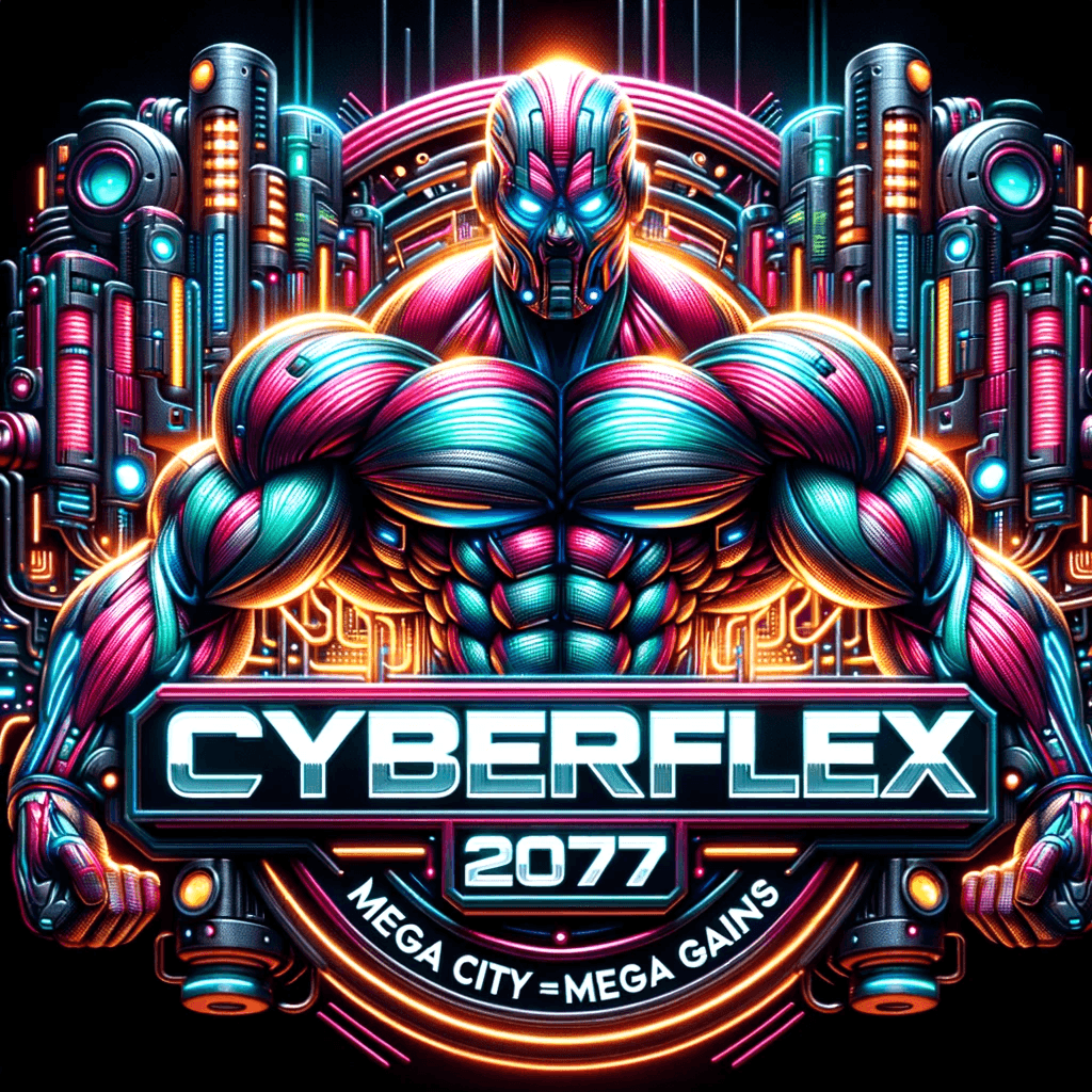AI generated: Hyper-realistic and intricately designed logo for 'CyberFlex 2077', a futuristic bodybuilding club w...