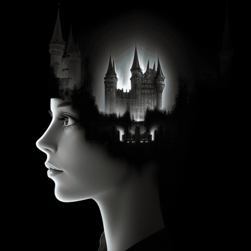 AI generated: double exposure of a castle inside a woman's head photo, black background, side view with strong bac...