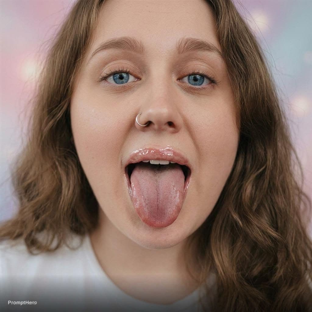 AI generated: Close up headshot, glossy lips, mouth open, tongue out, realistic
