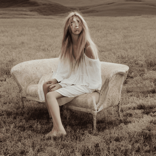 AI generated: a woman sitting on top of a couch in a field, skinny girl in white boho dress, lalisa manobal, allur...
