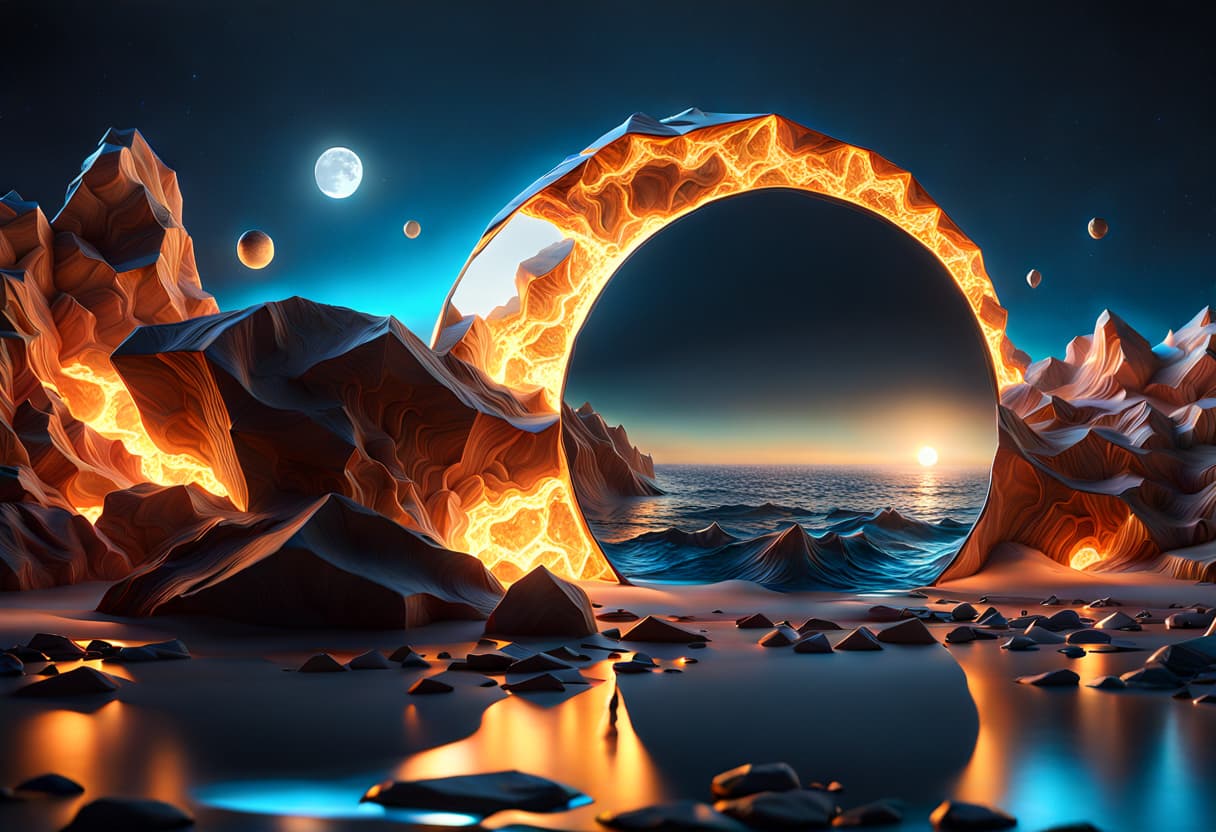 AI generated: extremely detailed CG unity 8k wallpaper, dazzling waves, huge low poly rocks, 4k, uhd, extremely de...