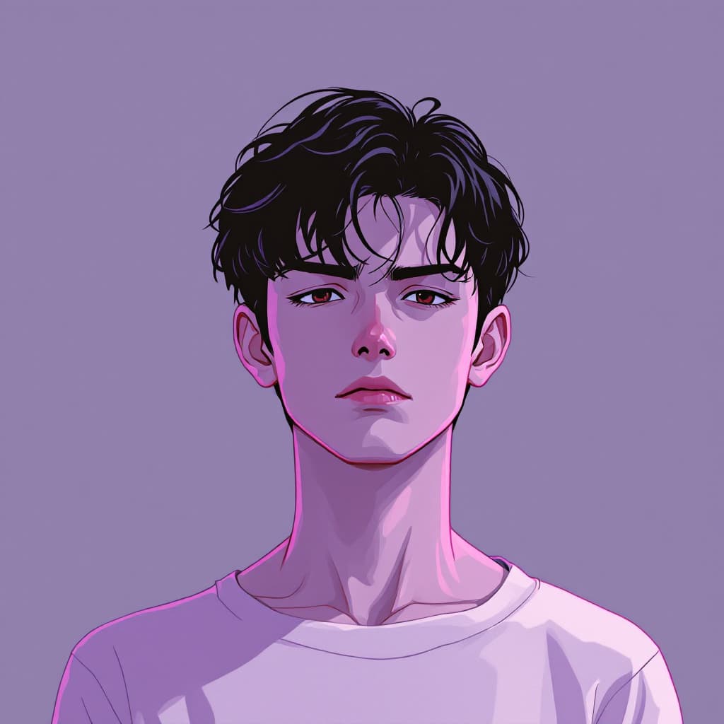 AI generated: 1990s, anime boy, short dark hair, serious face, looking straight ahead, Japanese pop culture, purpl...