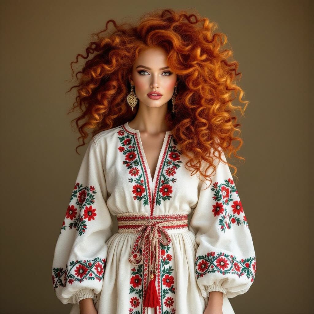 AI generated: Full-body high-fashion editorial portrait of a beautiful stunning woman with striking, voluminous cu...