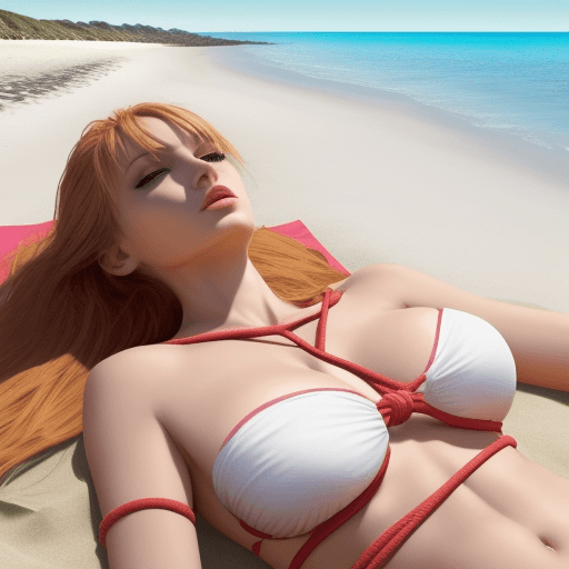 AI generated: create a really hot women at the beach lying down tied up