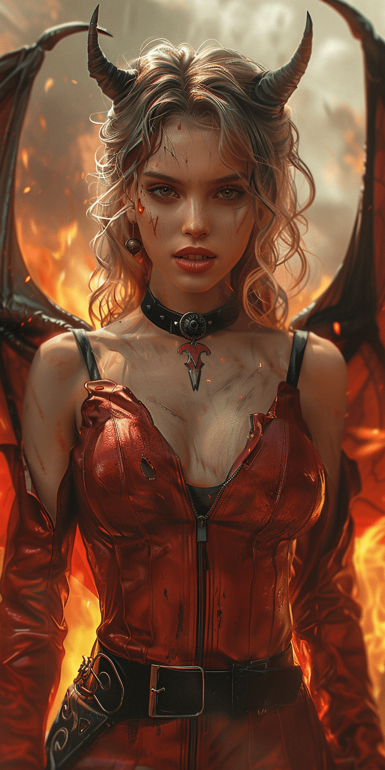 AI generated: beautiful demon woman with horns and bat wings, dark fantasy painting in the style of Magali Villene...