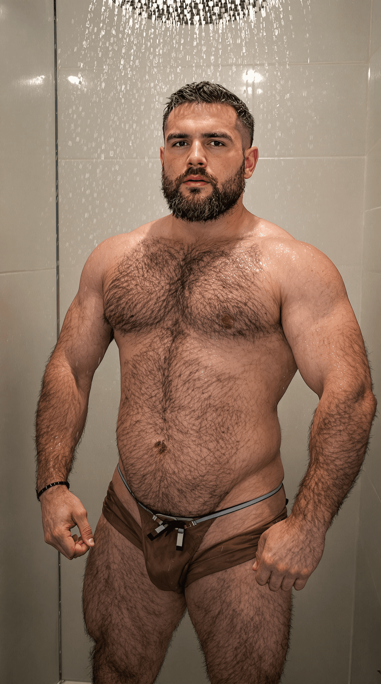 AI generated: RAW photo, irish man posing, flex his muscle, 30 years old, beautiful face, hary chest, big hairy bo...