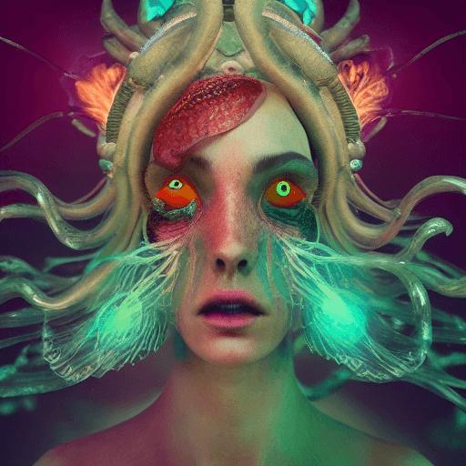 AI generated: Goddess close-up portrait ribcagel. jellyfish phoenix head, nautilus, orchid, skull, betta fish, bio...