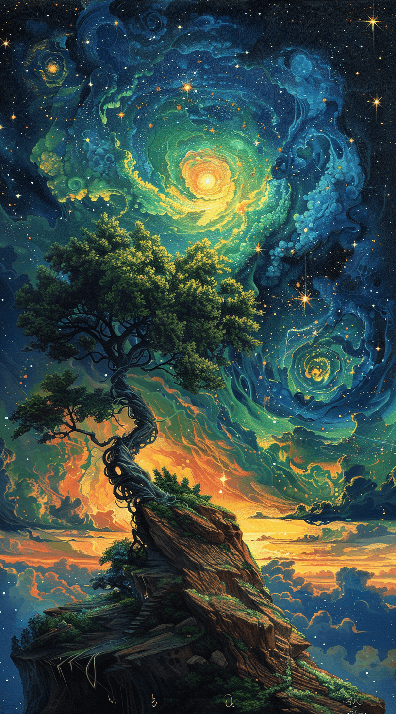 AI generated: bright painting of a tree with stars in the sky, in the style of dreamlike fantasy creatures, multil...